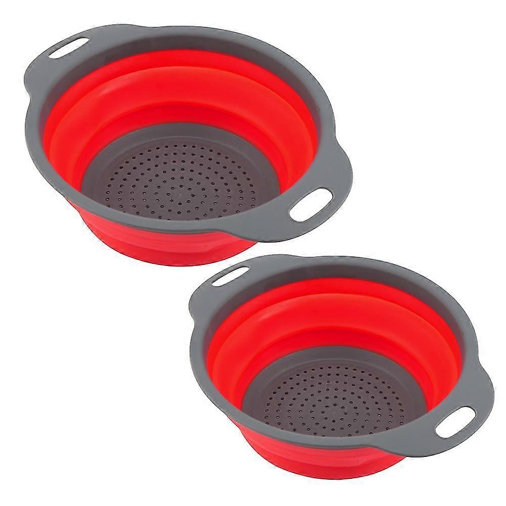 2pcs/ Set Round Silicone Durable Foldable Draining Basket Kitchen Tool(red)