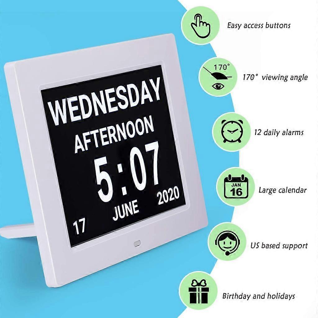 8" Large Screen Display Day & Month Digital Calendar Alarm Day Clock Elderly
