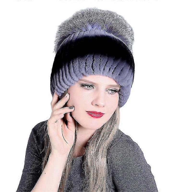 Multicolors Rex Rabbit Fur Hat Women's Beanies With Silver Fox Fur Pom Pom Warm Knitted Liner