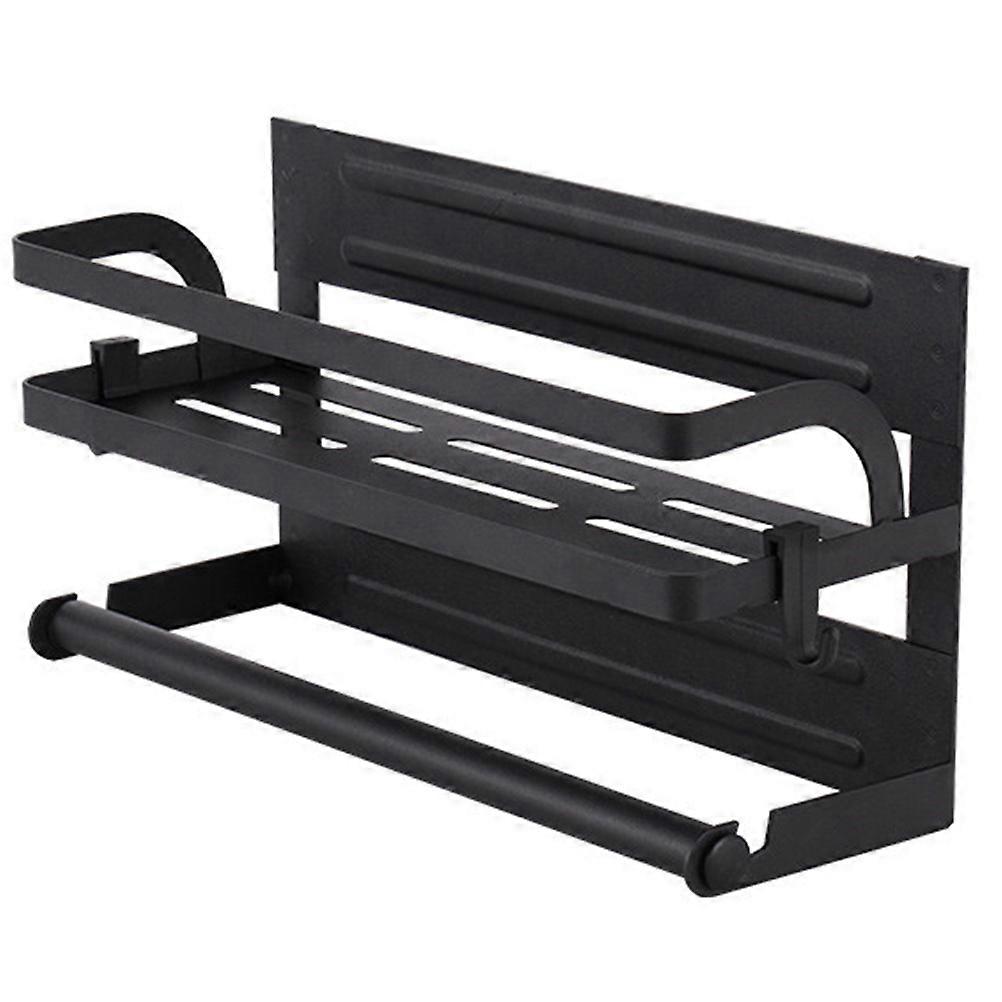 Refrigerator Magnetic Storage Rack Single Layer Storage Shelf Sundries Storage Container with 4 Hooks for Home Kitchen (Black)