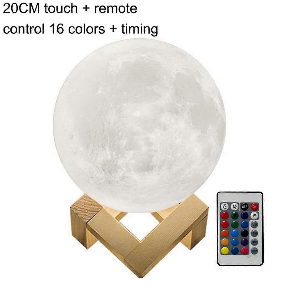 3D Printed Moon Lamp with 16 Colors, Remote Control, and Timer - 20cm, USB Charging, Wooden Stand, Gift for Kids and Adults