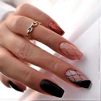 Rose Color Blocking Faux ongles avec damier imprimé Ne blesse pas les mains Pas facile à casser les ongles Modèle de colle à la gelée