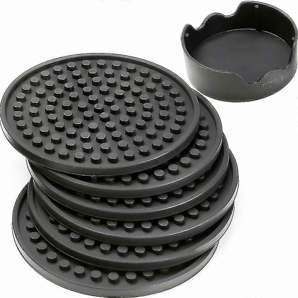 Coasters For Drinks - Set Of 6 With Holder, Bla - Protect Furniture From Water Marks Or Damage - Deep Tray And Rim ch Cold Drink Sweat Without Sp,3212