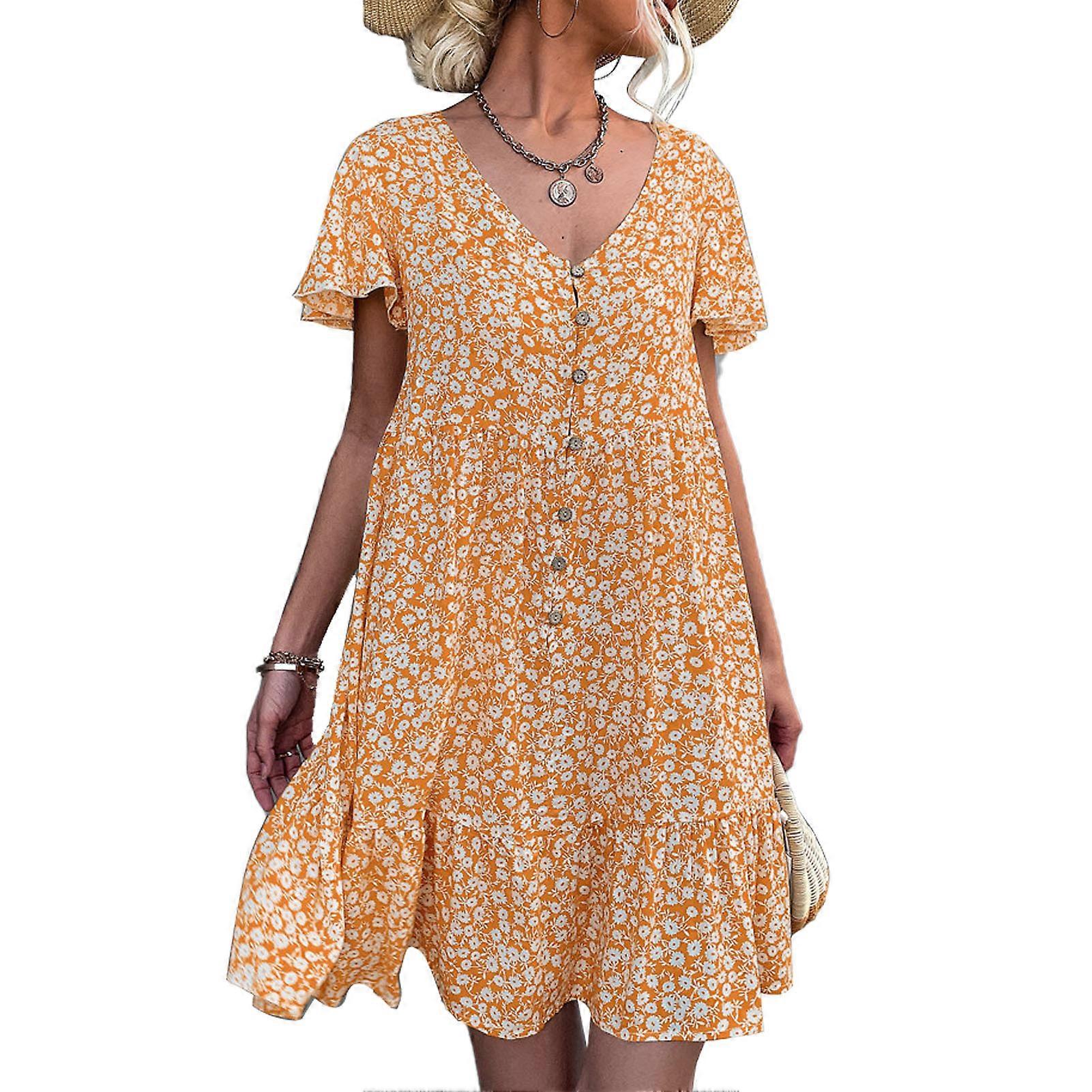 Chic Yellow V-Neck Floral Print Dress - Stylish Flutter Sleeve Ruffle Hem Button Front Outfit, XL