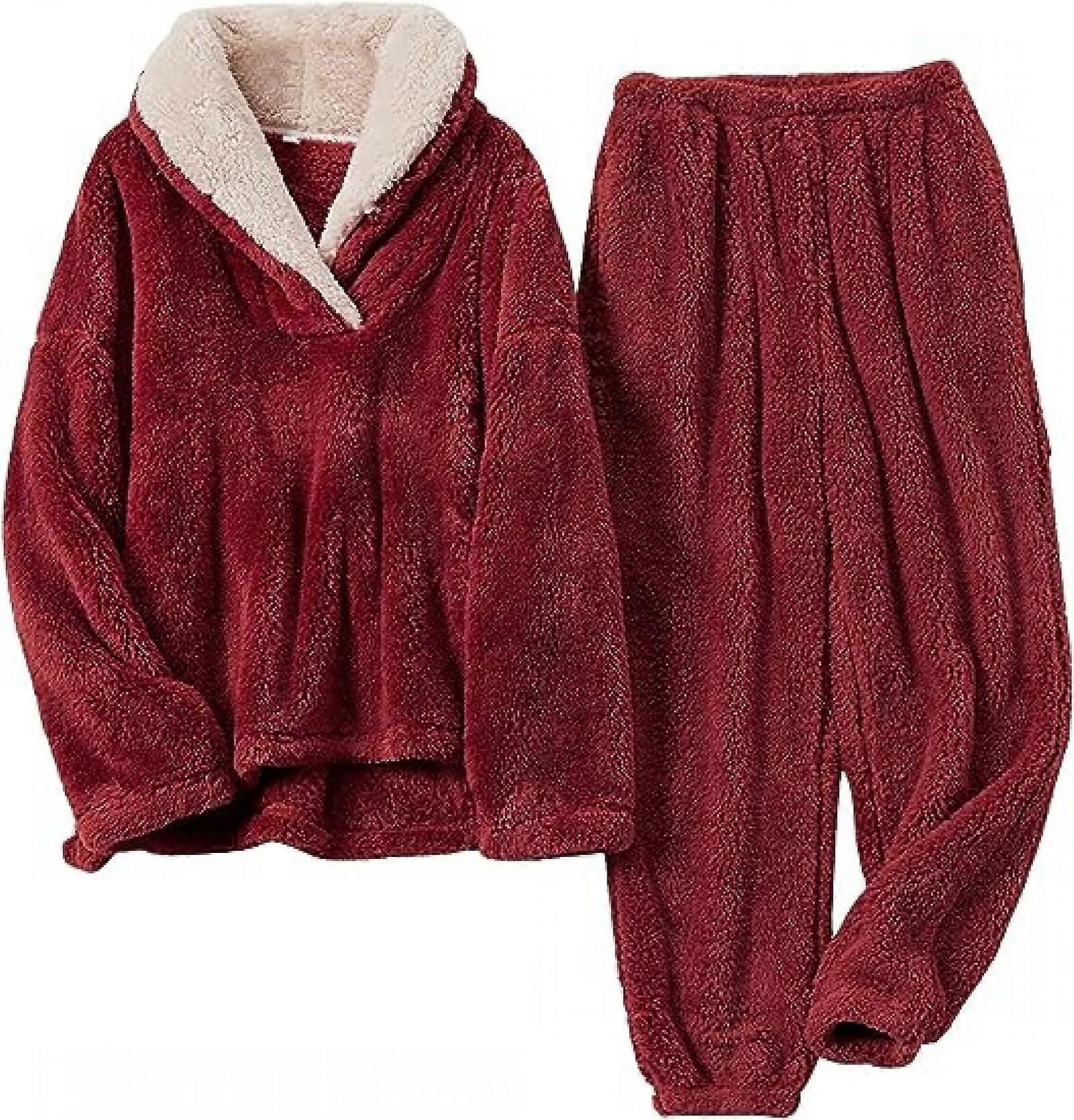 Women's Fluzzy Fleece Pajamas Warm Pullover Lapel Sleepwear Sets-X-LargeRed