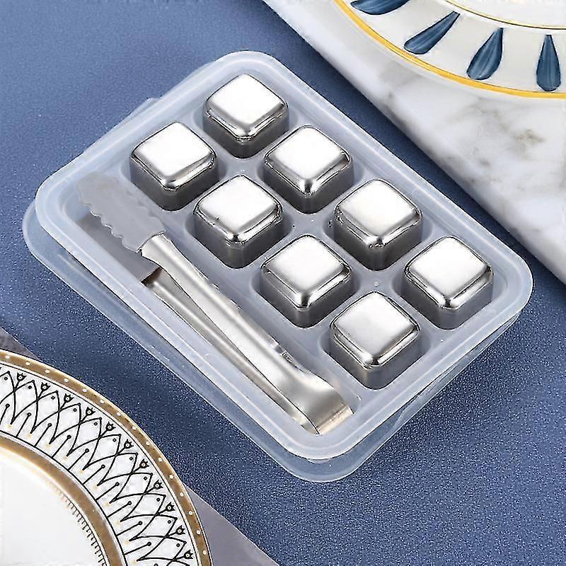 Stainless Steel Ice Cube, Reusable Ice Cube No Dilution Fast Cooling, Whiskey Stones Set 8 Ice Cubes With Clip For Whiskey, Beer