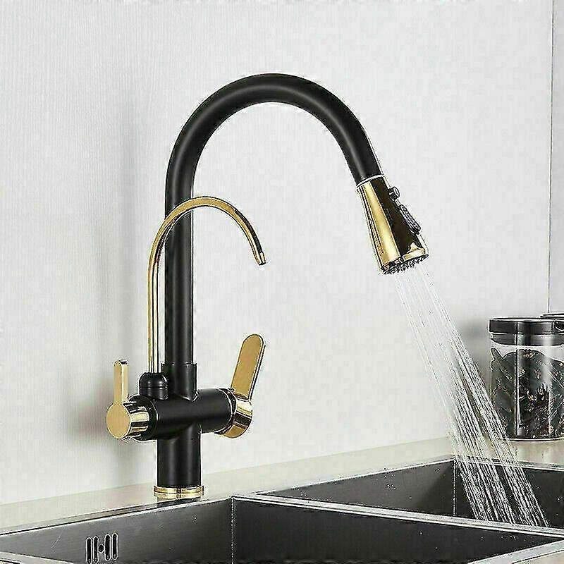 Black and Gold 3-Way Spray Kitchen Faucet - Kitchen Mixer Tap with Pure Water - 360 Rotating - Cold & Hot Available