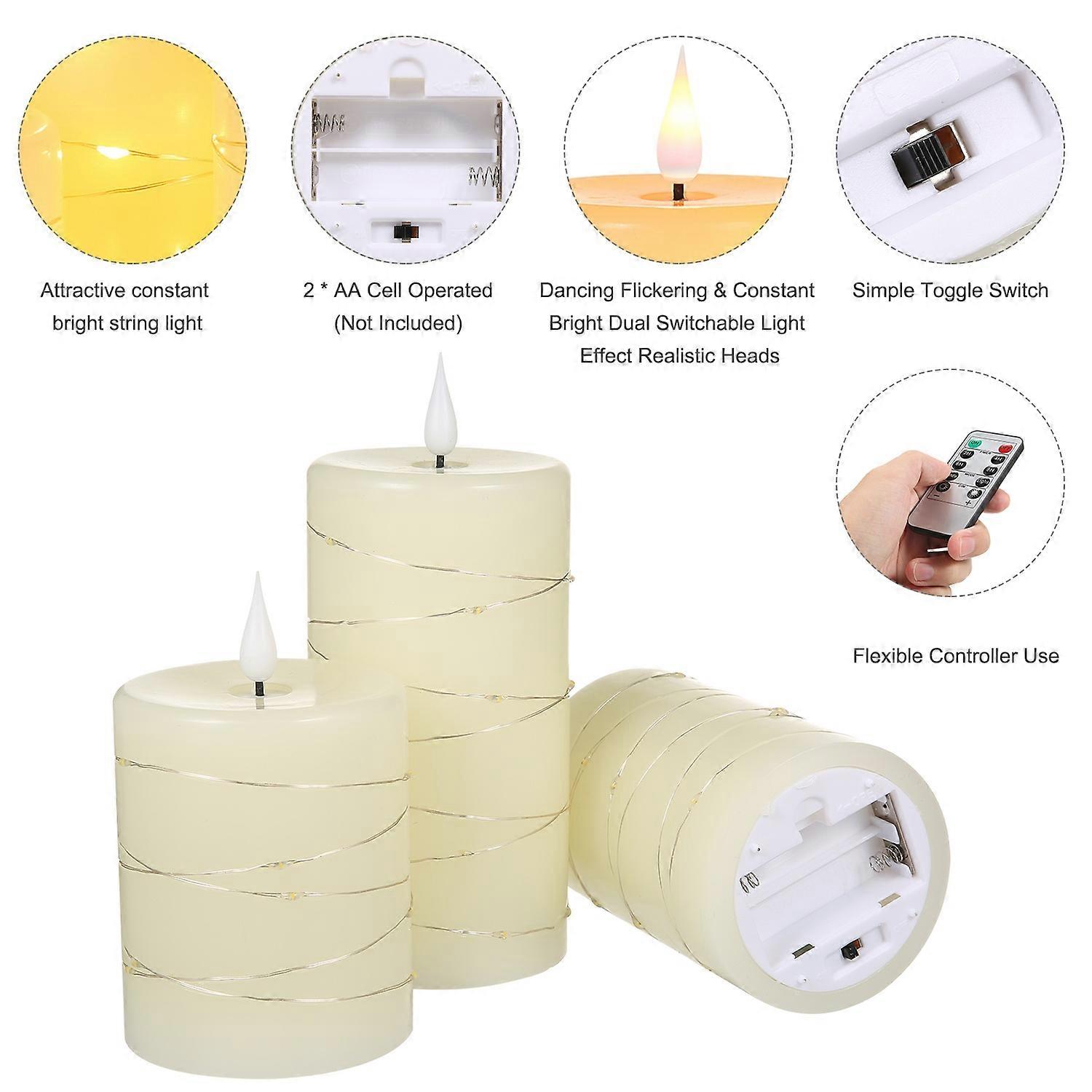 Neoglint 3PCS Flameless Candle Lights with Twisted String Lights Kit with Controller Realistic LEDs 