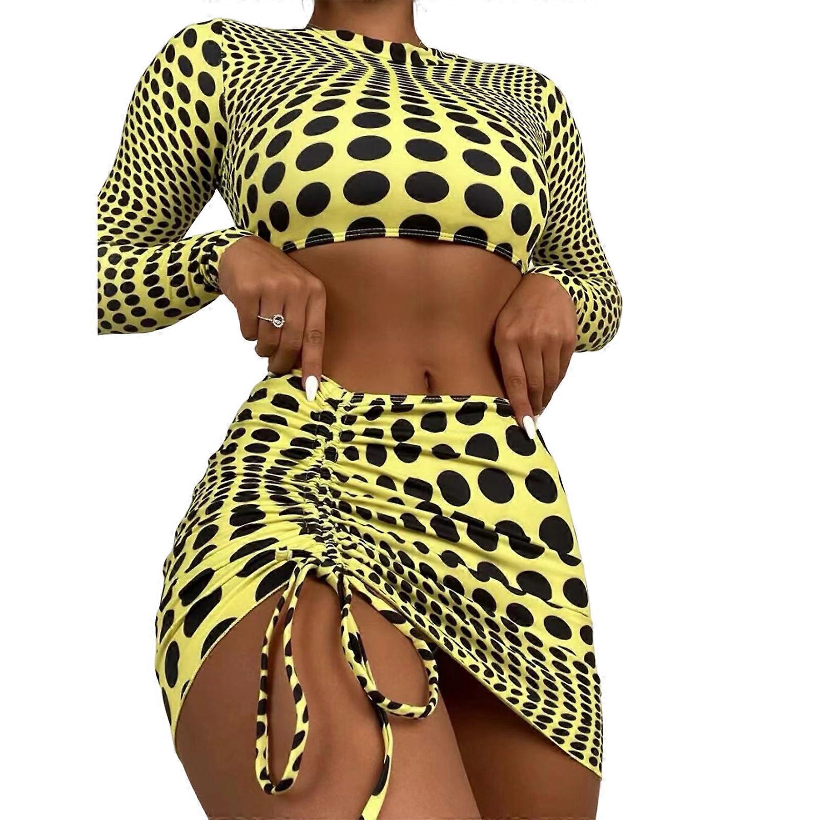 Baddräktsset för kvinnor sommar tredelade långärmade baddräkter pricktryck baddräkter dragsko badkläder gul S