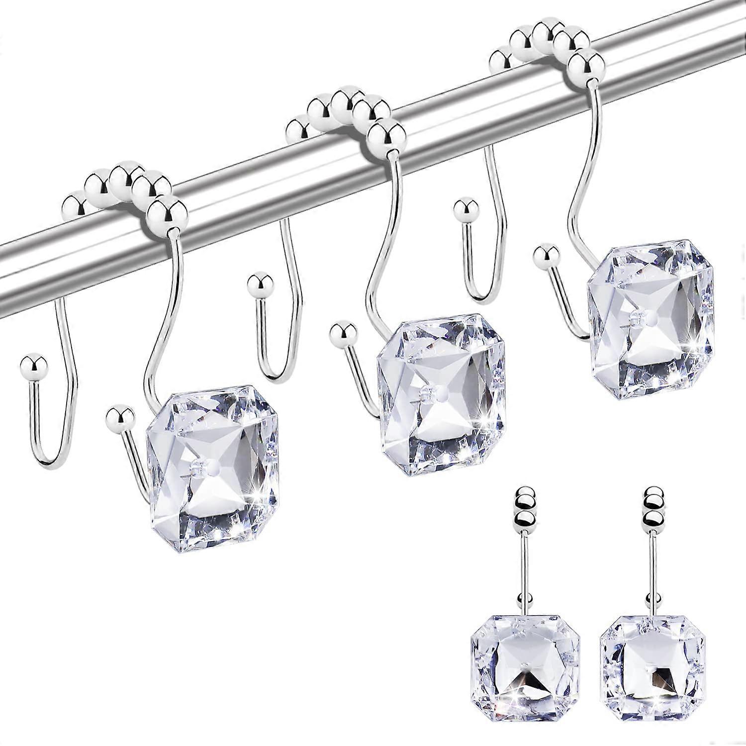 12 PCS Double Hooks Glide Anti Rust Crystal Rhinestones Shower Curtain Hooks Rings for Shower Curtains Clear Size