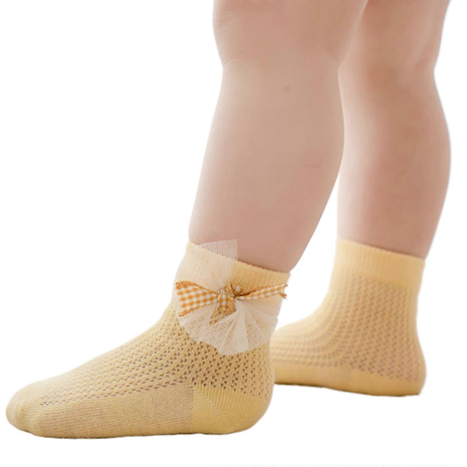 2024 Chaussettes en maille douce et respirante Bébé filles Bowknot Princesse Bébés Chaussettes courtes Tout-petits Chaussettes de cheville Jaune S