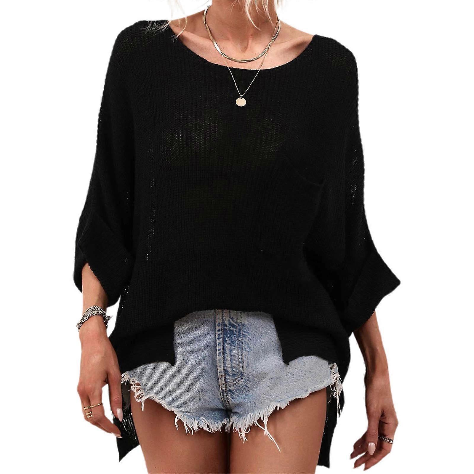 Frauen Strickpullover Top Slouchy Pullover Kurzarm Kurzarm Pullover Sommer Pullover Stricken Strand Pullover Pullover Schwarz S