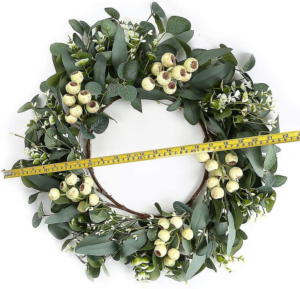 FLOROAD 24 Inch Artificial Eucalyptus Leaf Wreath With Beige Burlap Bow & Bells - Year Round Front Door Decor