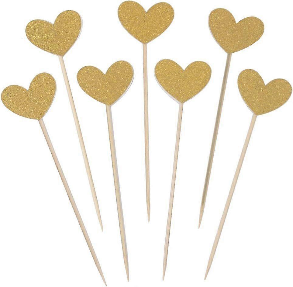 Gold Glitter Cupcake Cake Toppers, Double Sided Hearts, 50 Pack