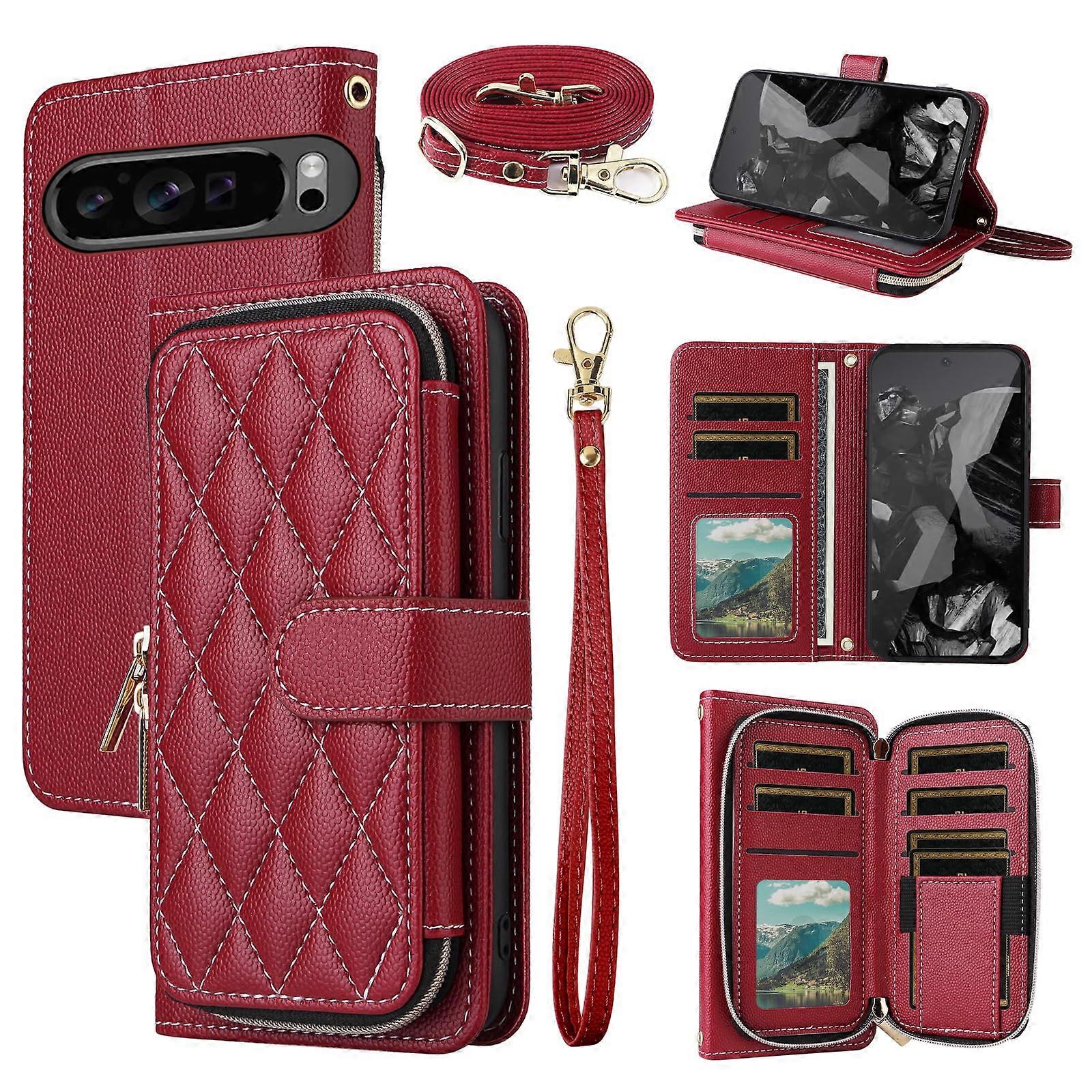 Argyle Wallet Case for Google Pixel 9/9 5G Pro with Wrist Strap Shoulder Strap, Leather
