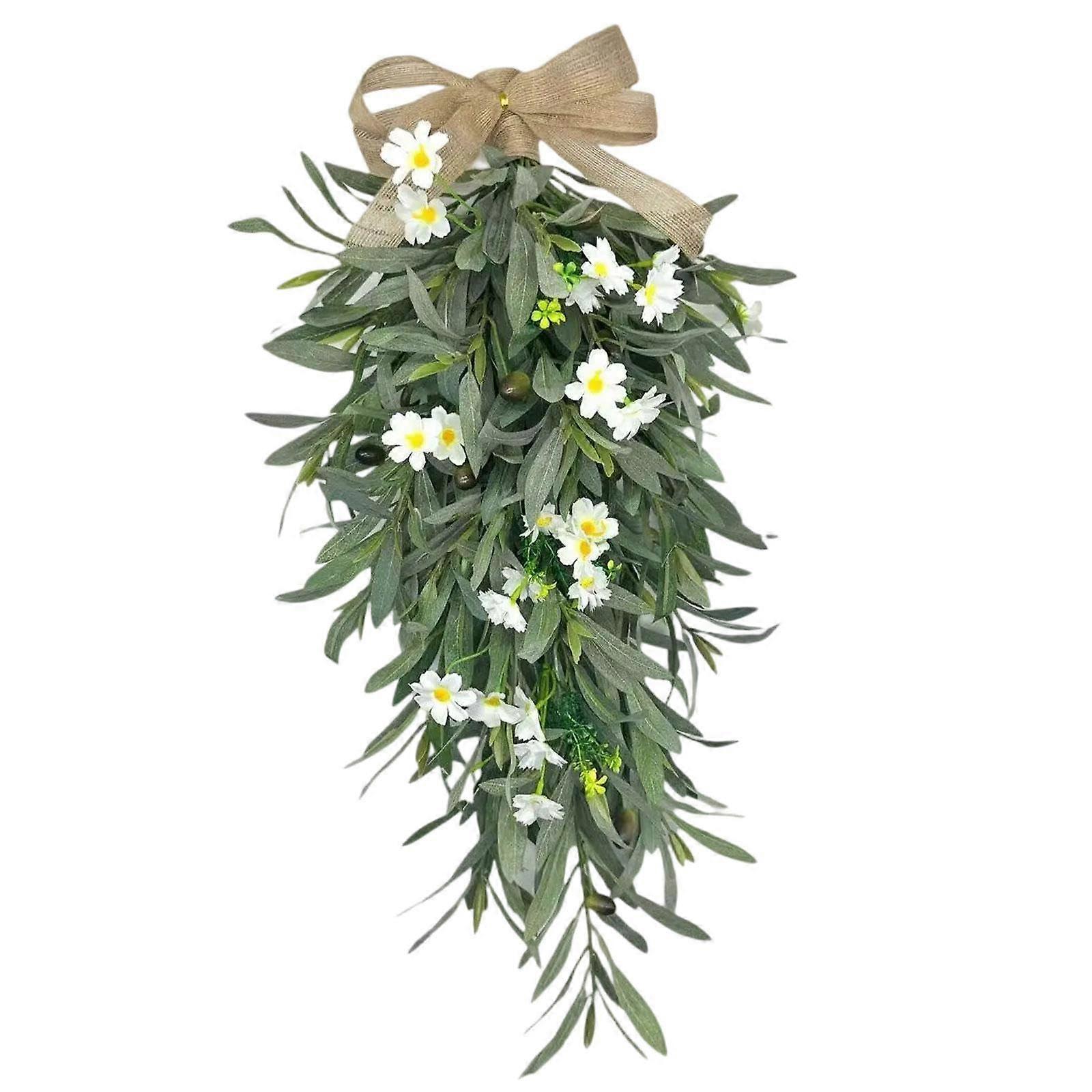 Artificial Flower Wreath – 60 cm Spring and Summer Home Decoration with White Flowers and Green Leaves for Door and Wall