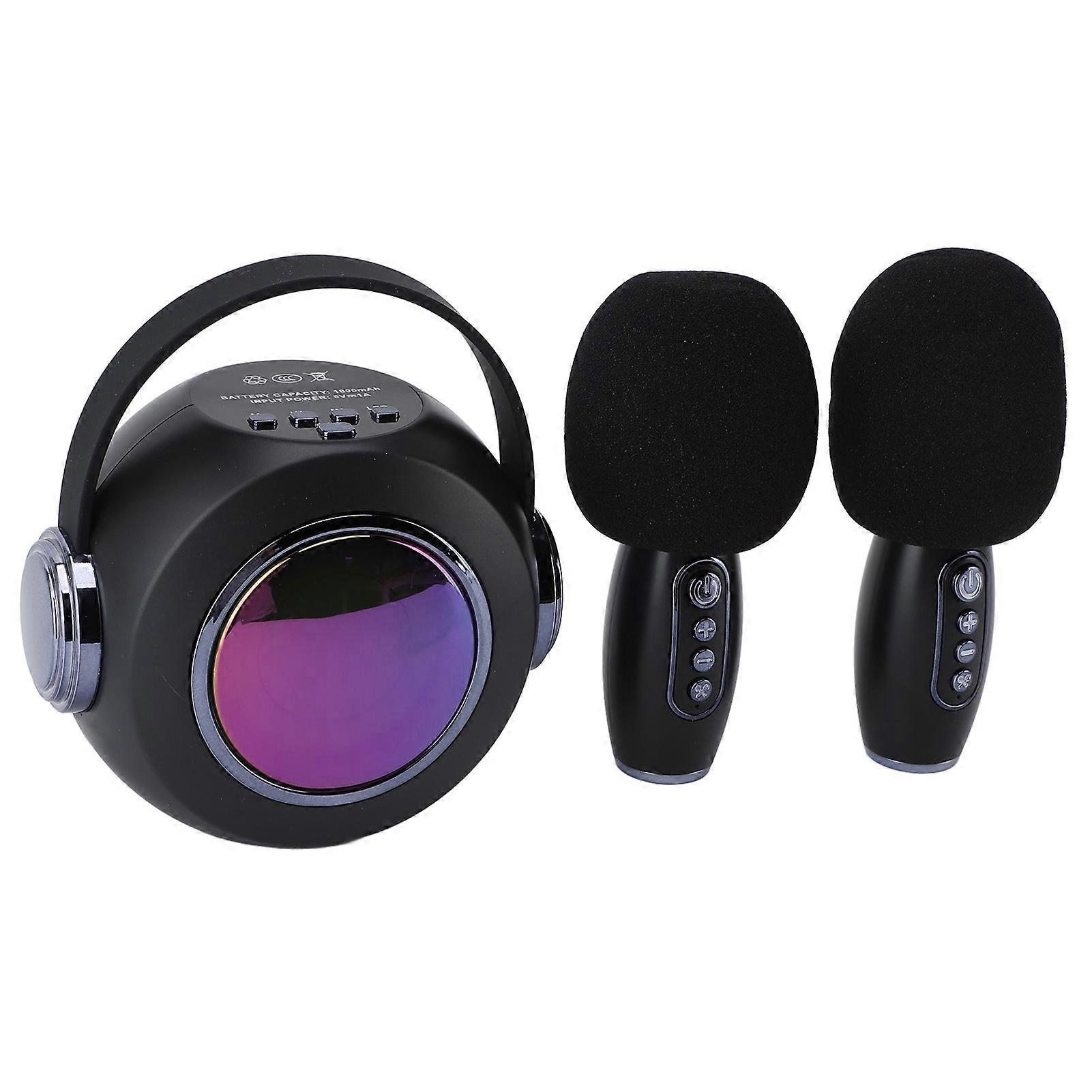 Bluetooth Mics Speaker Set with Colourful Light Effect Noise Reduction Support 32G Memory Card Wireless Karaoke Machine Black Dual Mic 