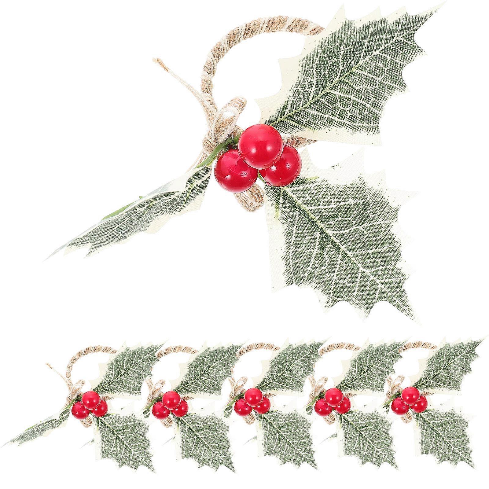 6pcs Christmas Napkin Buckles with Simulated Green Leaves and Red Berry Design, Dining Table Napkin Holders for Holiday Parties and Weddings