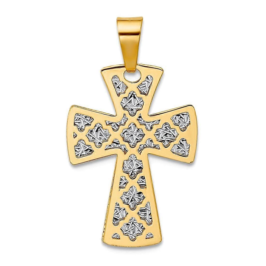 14Kソリッドゴールドツートンポリッシュスパークルカット宗教信仰クロスペンダントネックレス-女性用ペンダント