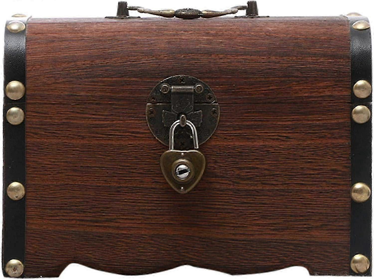 木製の宝箱貯金箱、ロックとキー付きの手作り無垢材の貯金箱、14.5x10x10cm