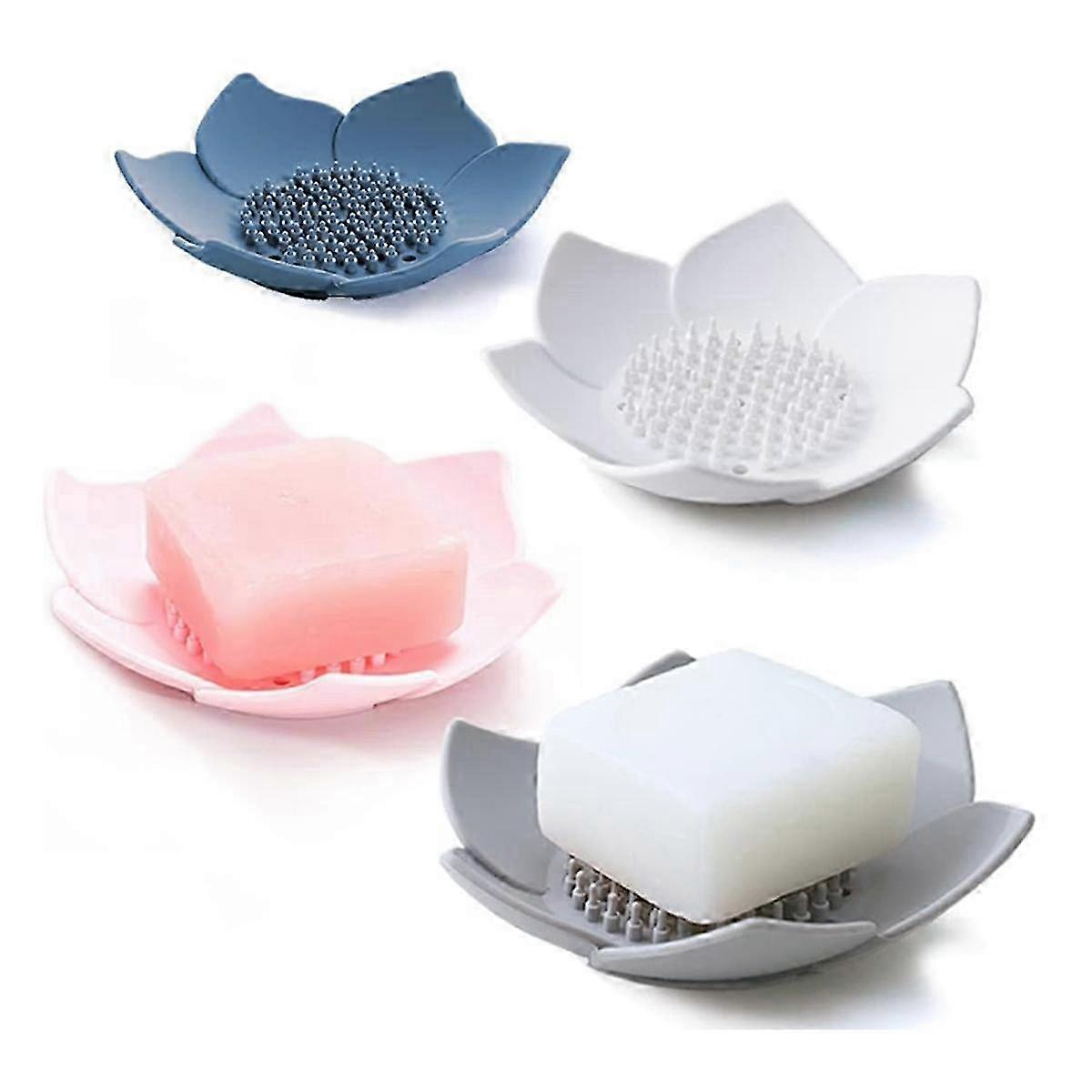 4pcsシリコンソープディッシュ、ドレイン、シャワー&シンクソープホルダートレイ付き