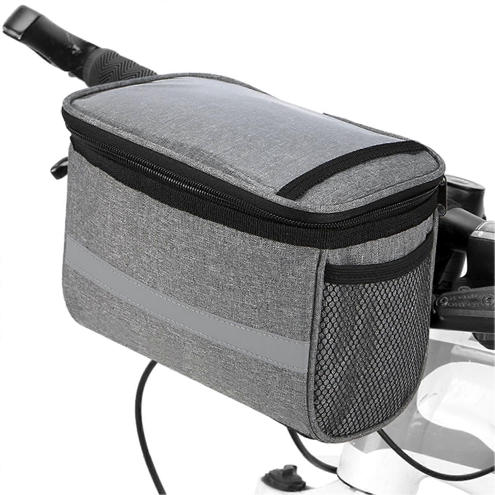 Cycling Bicycle Insulated Front Bag MTB Handlebar Bag Cooler Bag with Reflective Strips and Spacious Design, Grey