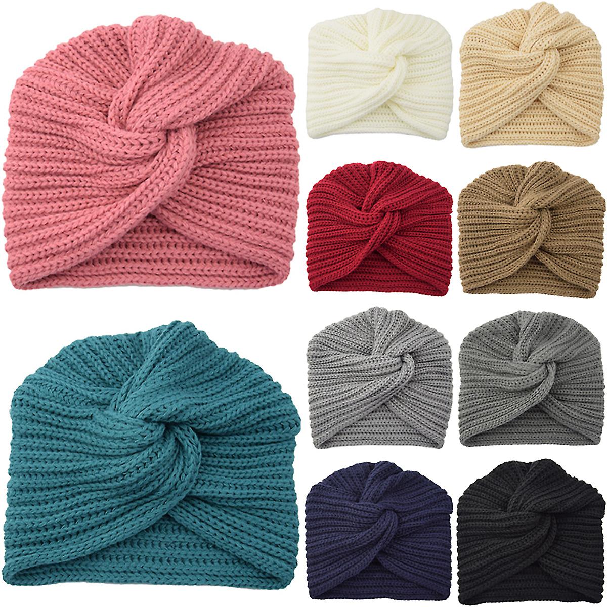 Womens Solid Knit Turban Cross Twist Wrap Caps Beanie Headband Hats