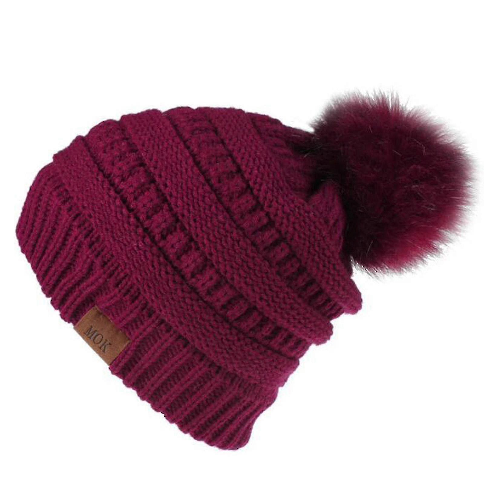 Warm Winter Knitted Wool Hemming Beanie Suitable for Women in Deep Red Color