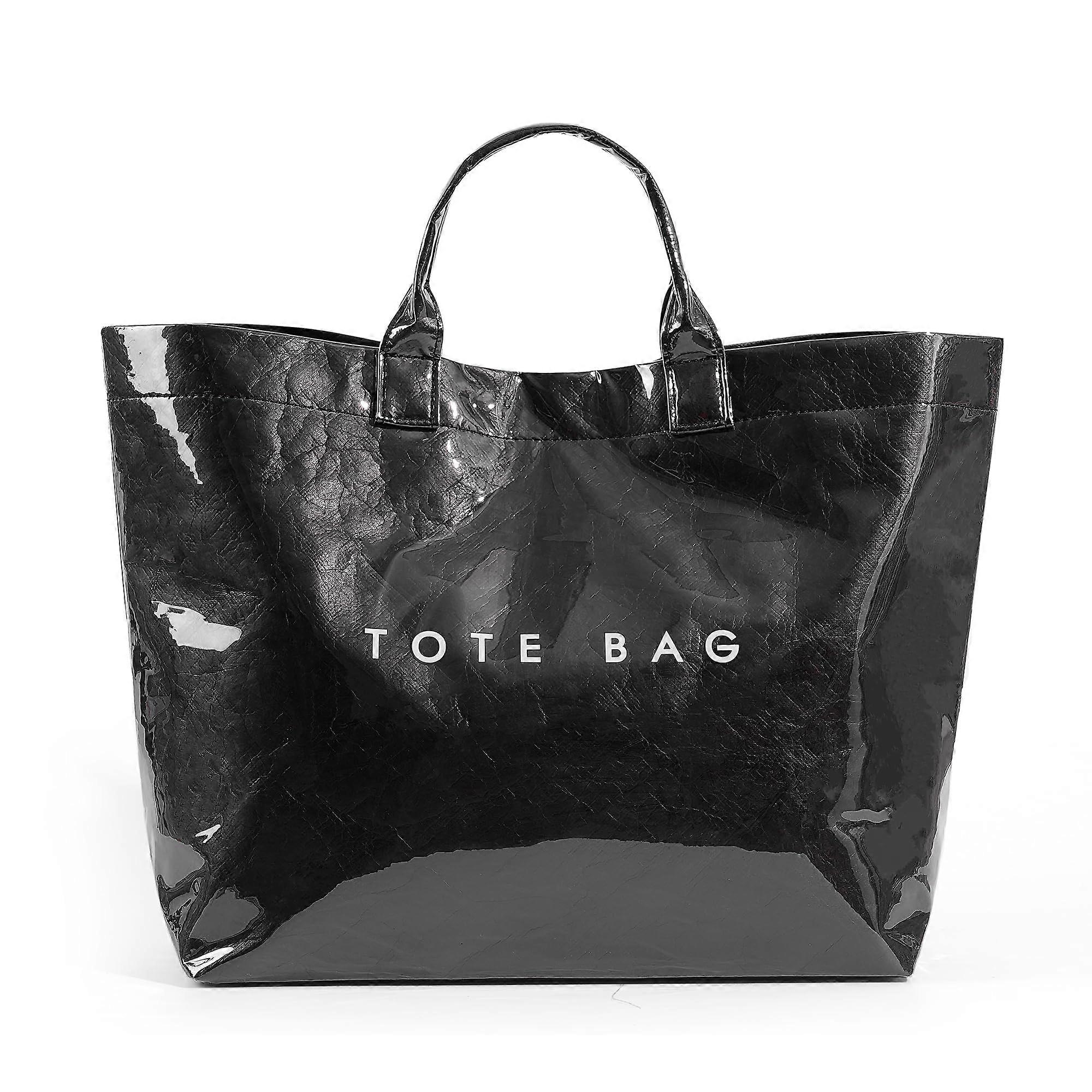 Women's Large PVC Tote Bag Work Bag Transparent Shopper Hobo Handbag with Letter Print Black