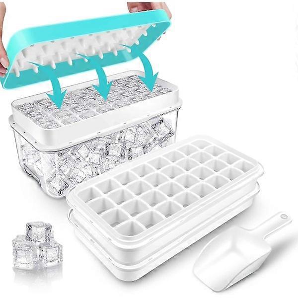 Ice Cube Molds for Freezer, 2-Tier, Blue, 64pcs, Includes Lid, Container, Scoop, Press Plate
