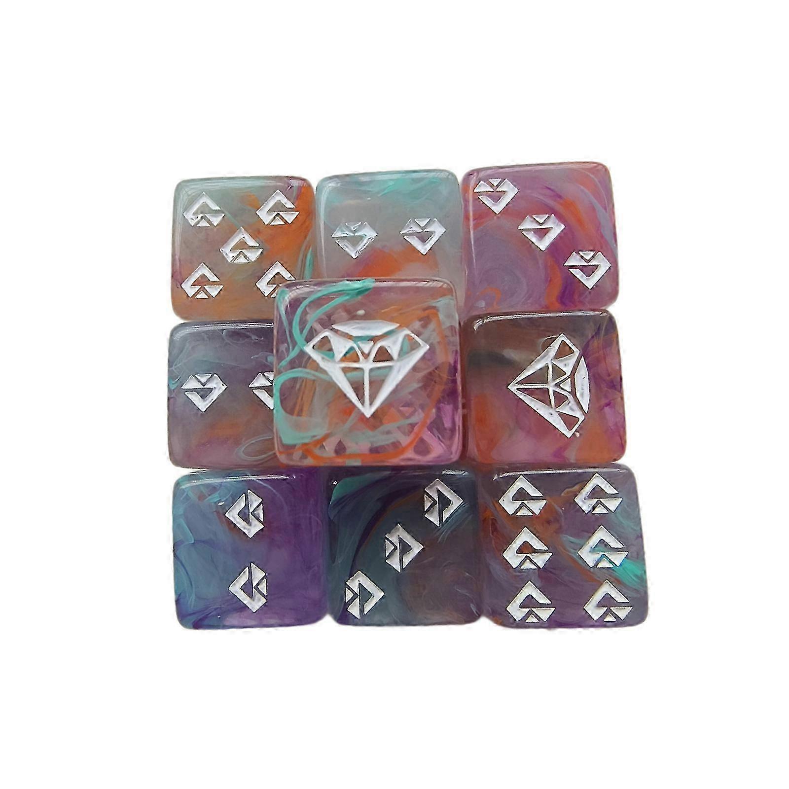 2025 10Pcs Unique Acrylic Jewel Pattern Dices Round Corner Role Playing Dices 6 Sided Table Game Dices Smooth Surfaces Purple orange blue