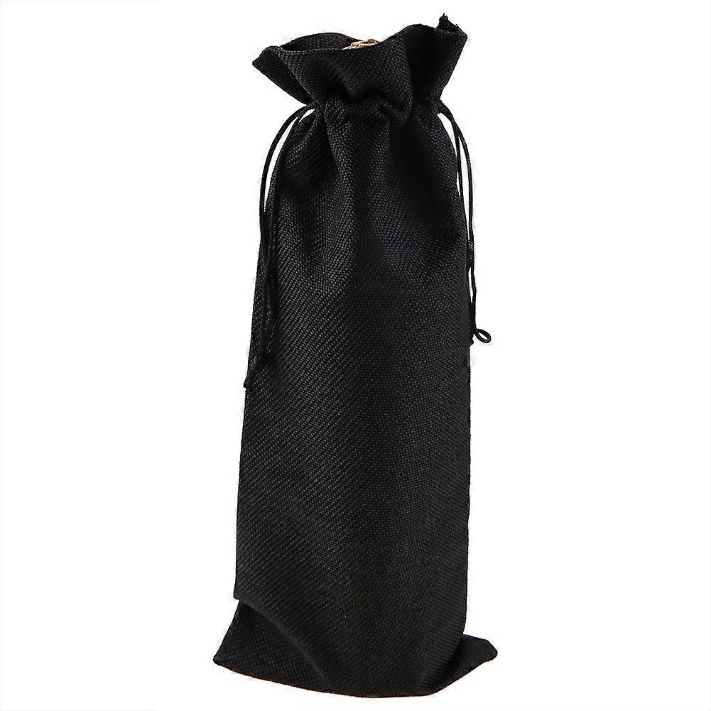 12pcs Simple Linen Fabric Wine Bag with Drawstring Champagne Decorative Cover (Black)