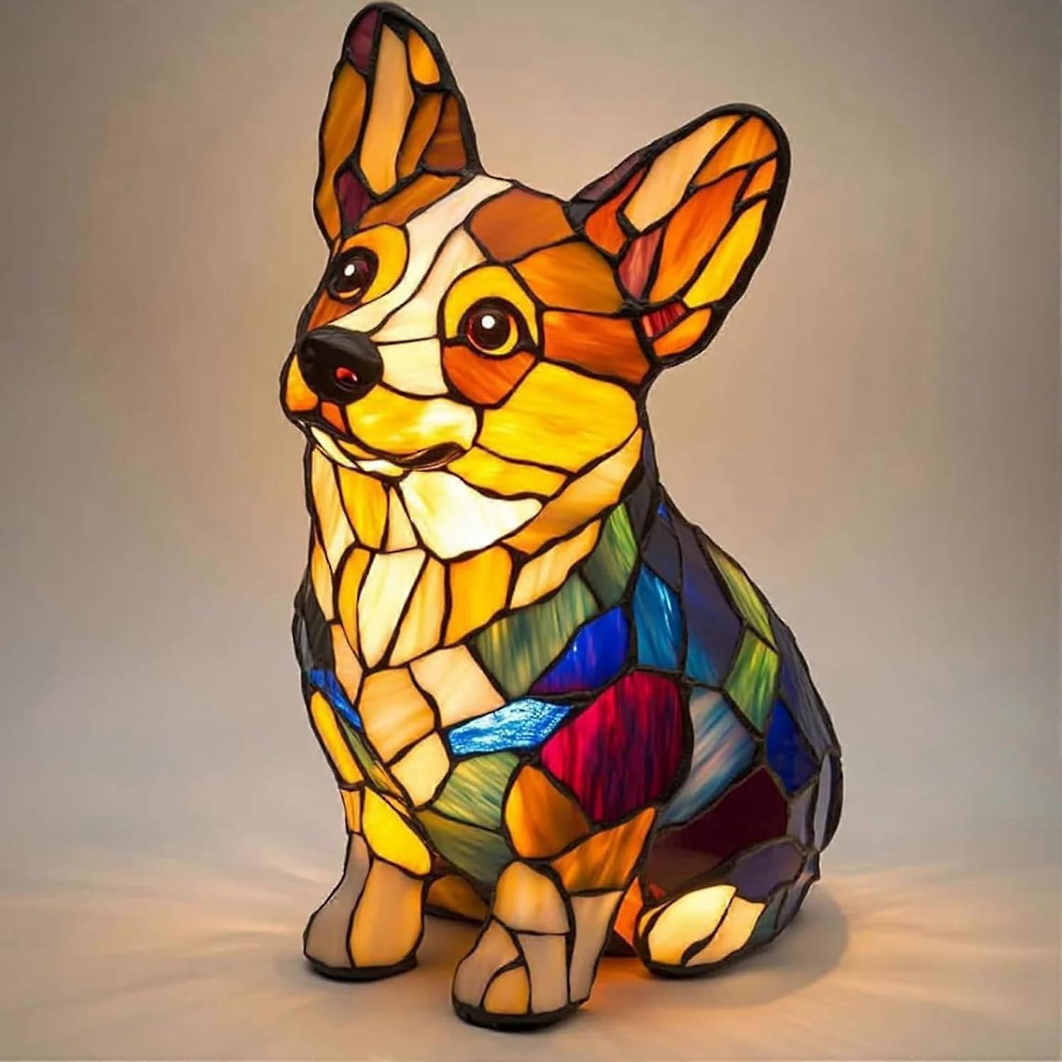 Animal Table Lamp USB Powered Night Light, Stained Resin Desk Lamp, Bohemian Decor, Resin Ornament Gift, Corgi Variant