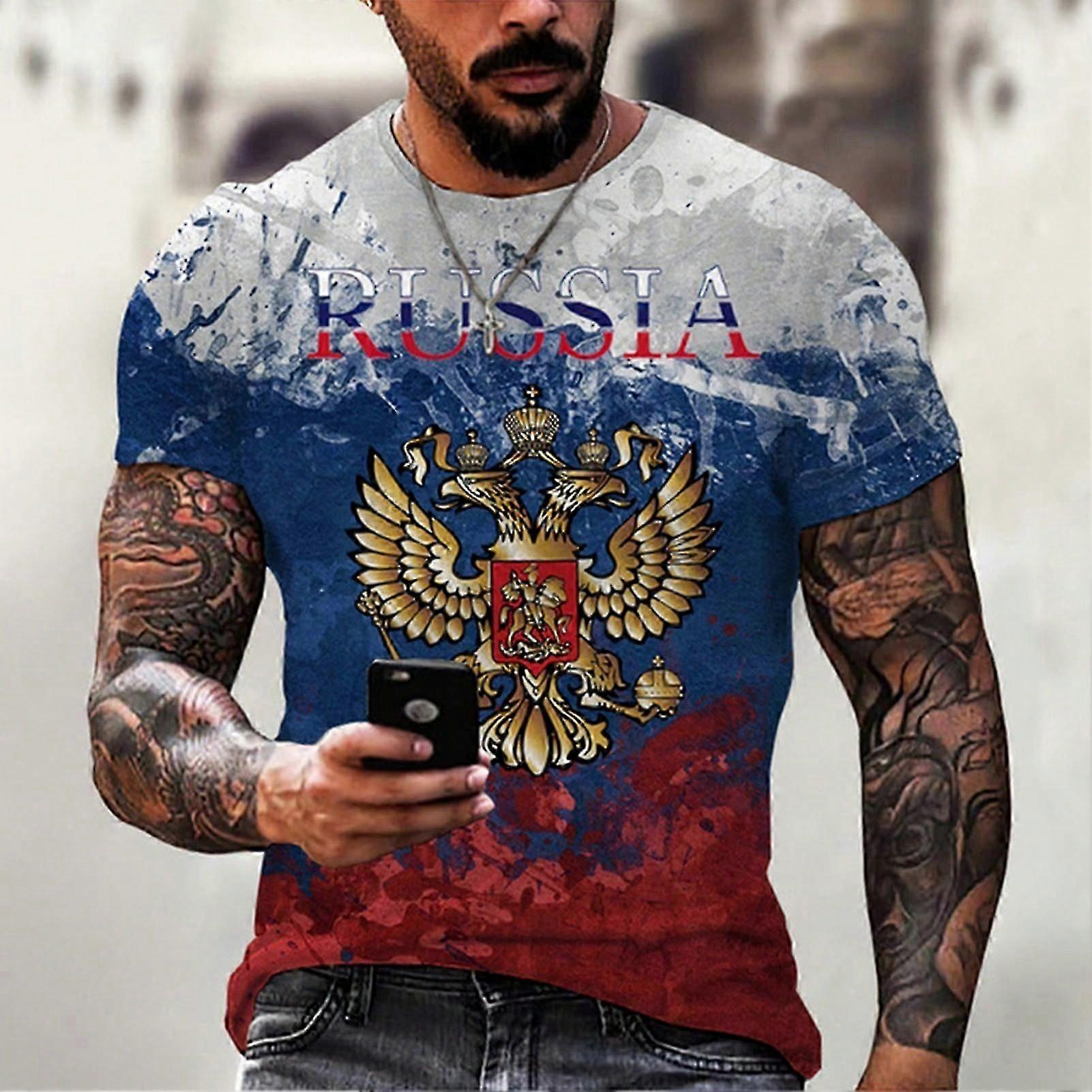 Drapeau russe imprimé manches courtes décontracté été col rond t-shirt pour hommes