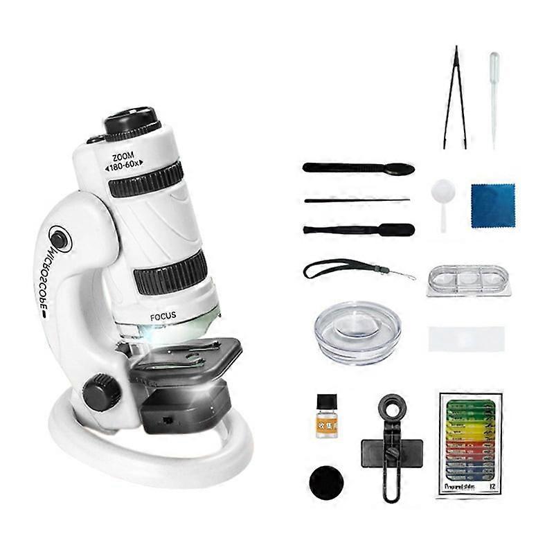 Kids Science Microscope Kit 60-180X Educational Mini Pocket Handheld Smart Phone Microscope with LED Light White+Black