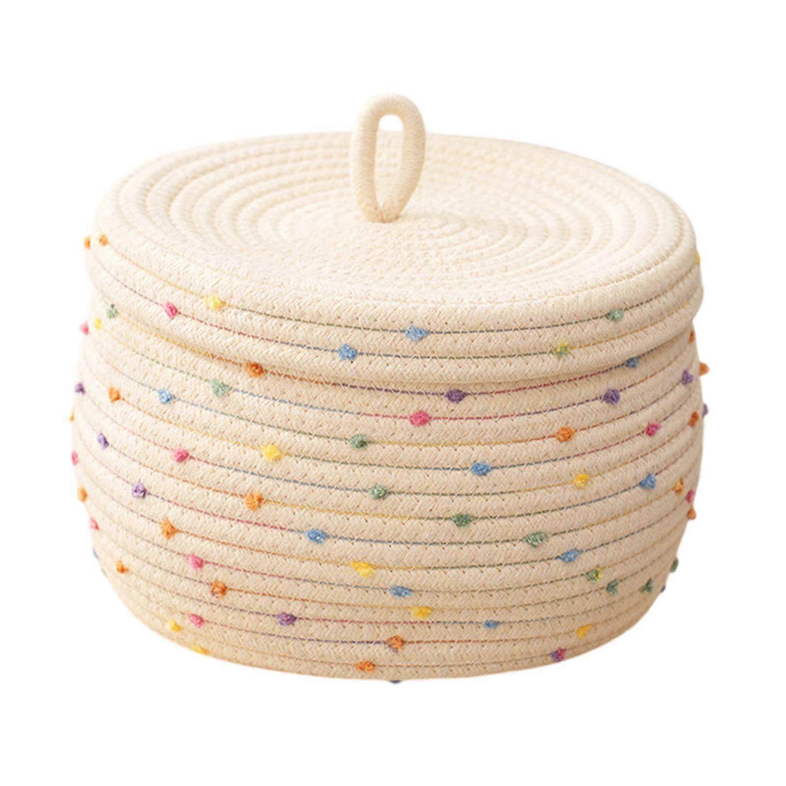Woven Storage Basket Desktop Organizer with Lid for Home, Round Cute Storage Container for Snacks and Clothes