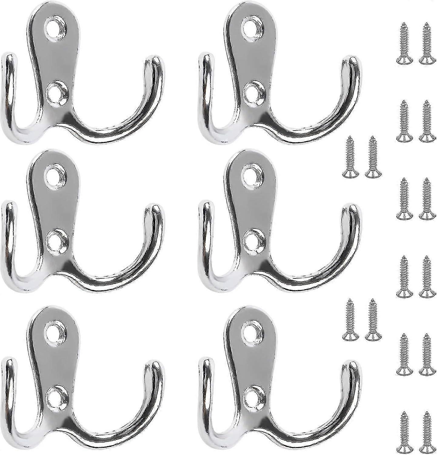 Double Prong Robe Hooks - Chrome Wall Mounted Retro Hooks for Hats, Ties, and Towels with Screws