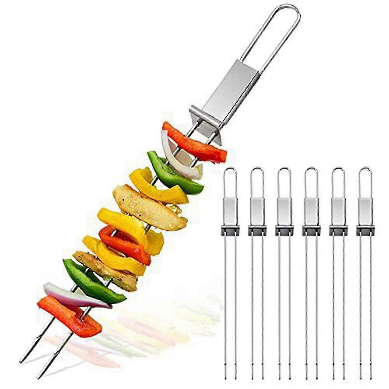 Metal Stainless Steel Grilling Skewer With Pusher Reusable Two Prong Grilling Tool Quick Release For Meat Chicken Vegetables FLYE241484
