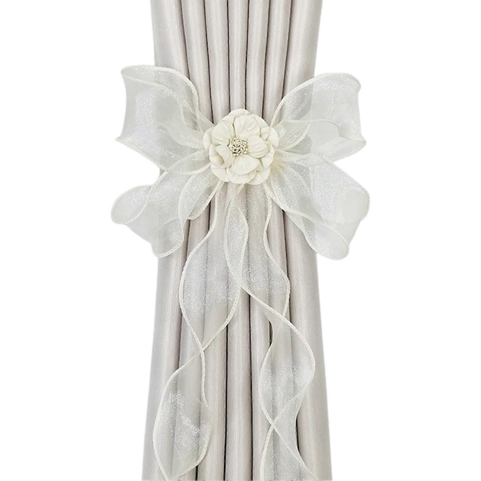 Double Layer See-Through Mesh Flower Decor Curtain Ties with Long Tassels for Nordic Style Living Room