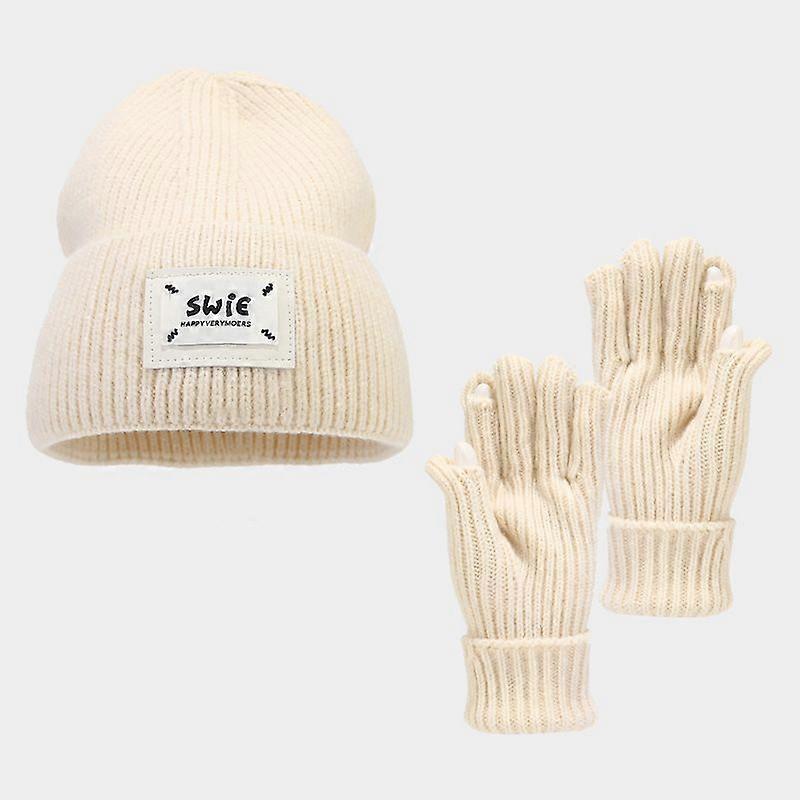 A New Two-Piece Set Of Labeled Letter Knitted Cap And Gloves For Autumn And Winter, A Small And Warm Woolen Cap With A Large Head Cap
