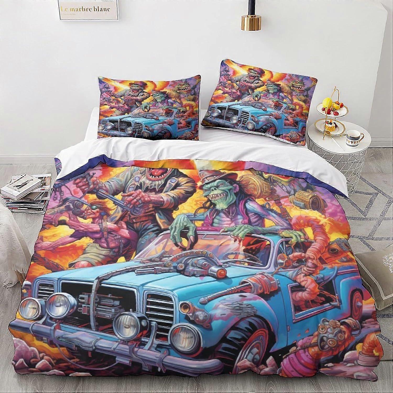 LikeEj 3D impresso carro vintage monstros capa edredom com fronhas desenhos animados jogo de cama com zíper fechamento macio de microfibra colcha capa conjunto King