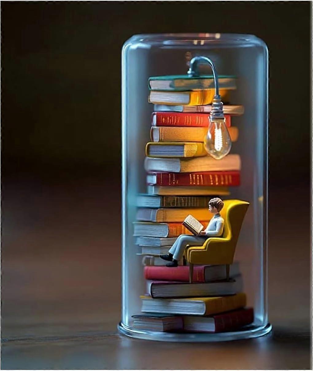 Reader Night Light Miniature Book Lover Lamp With LED Light, Bookshelf Library Statue Figurine, Gift For Readers (D)