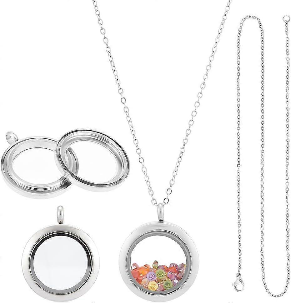 Stainless Steel Memory Locket Charm Flat Round DIY Picture Photo Necklace Making Kit Chain Necklace with Double Sided Frame Glass Container Floating C