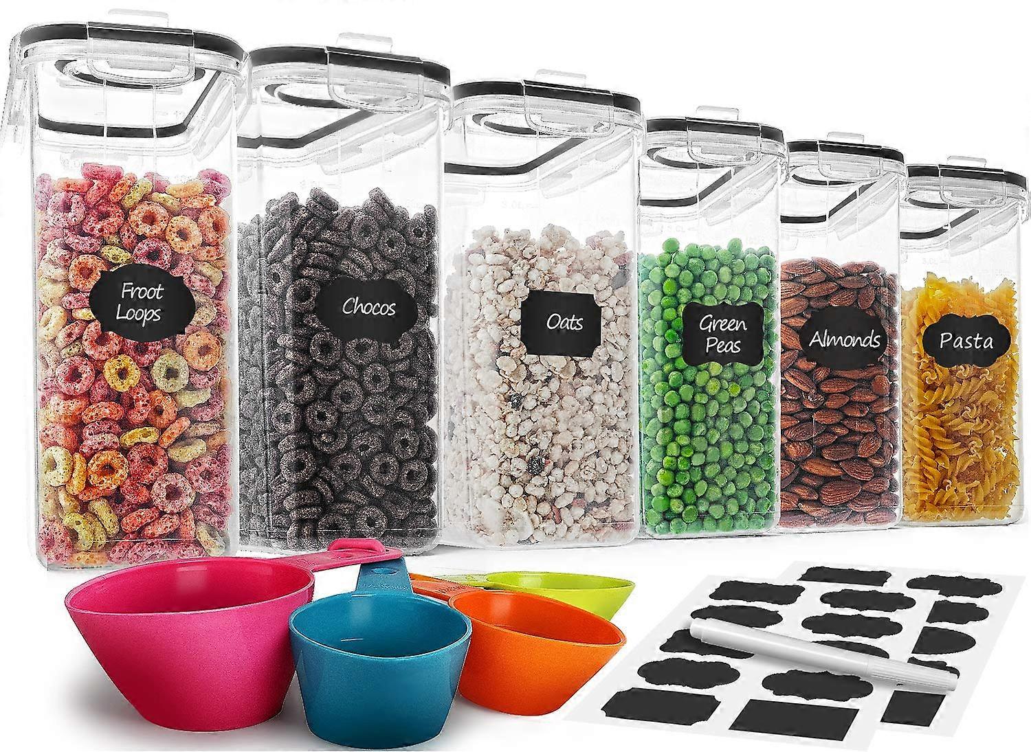 Cereal Storage Containers Set of 6 Airtight 4L Dispensers with Measuring Cups and Pouring Lids