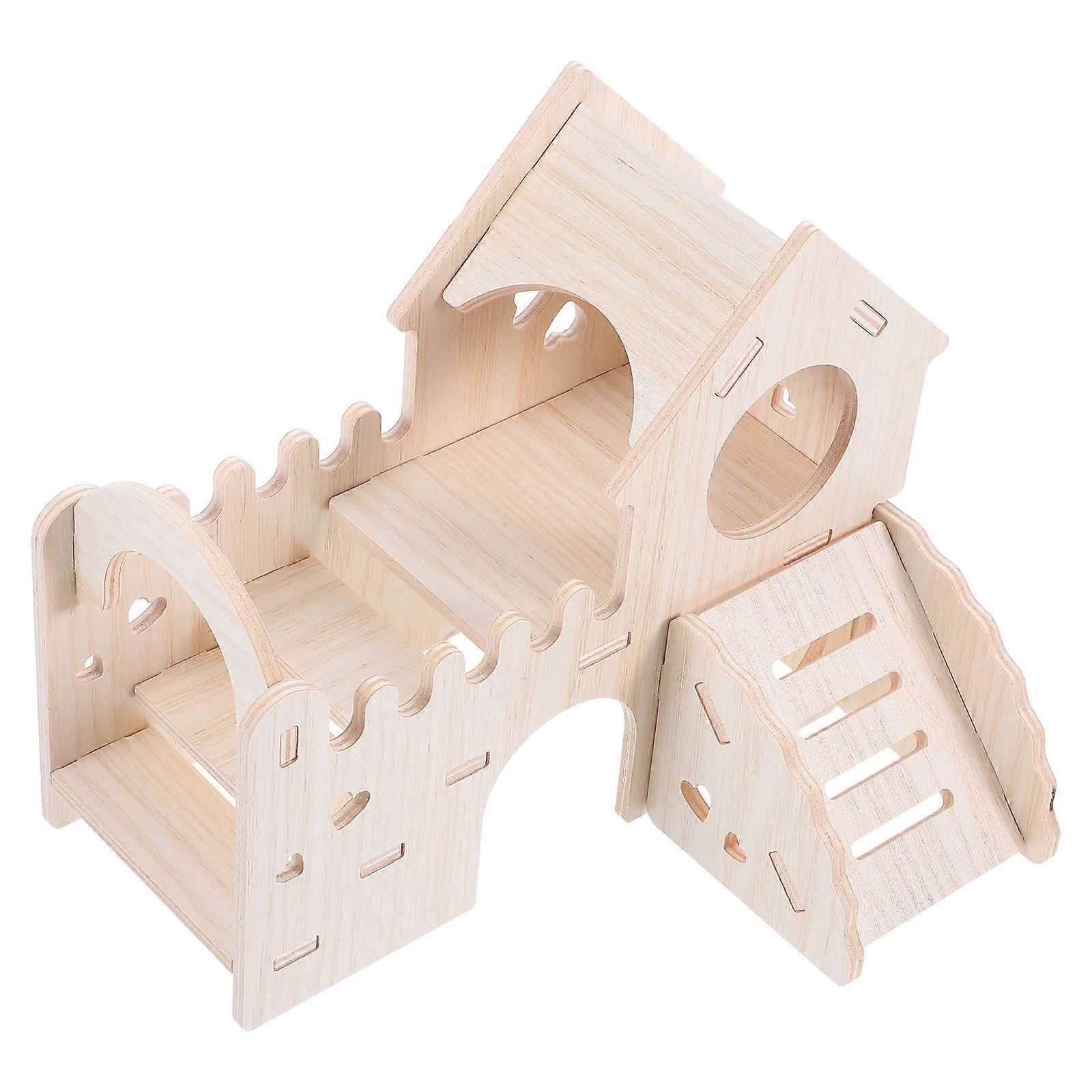 Wood Hamster House with Maze and Slide for Small Pets Khaki Double Layer Design Safe Wood Material