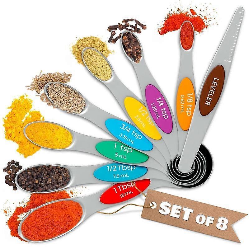 8 count Measuring Spoons Set Stainless Steel -  Measuring Spoons 1/8 tsp-1 Tbsp with Dual-Sided Design &  Nesting - Fits Narrow  Jars for Co