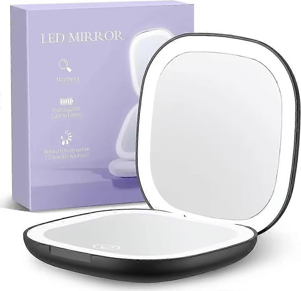 Portable LED Makeup Mirror, Double-Sided Lighted Mirror, Rechargeable 5X Magnification Folding Dressing Mirror for Touch-Ups.