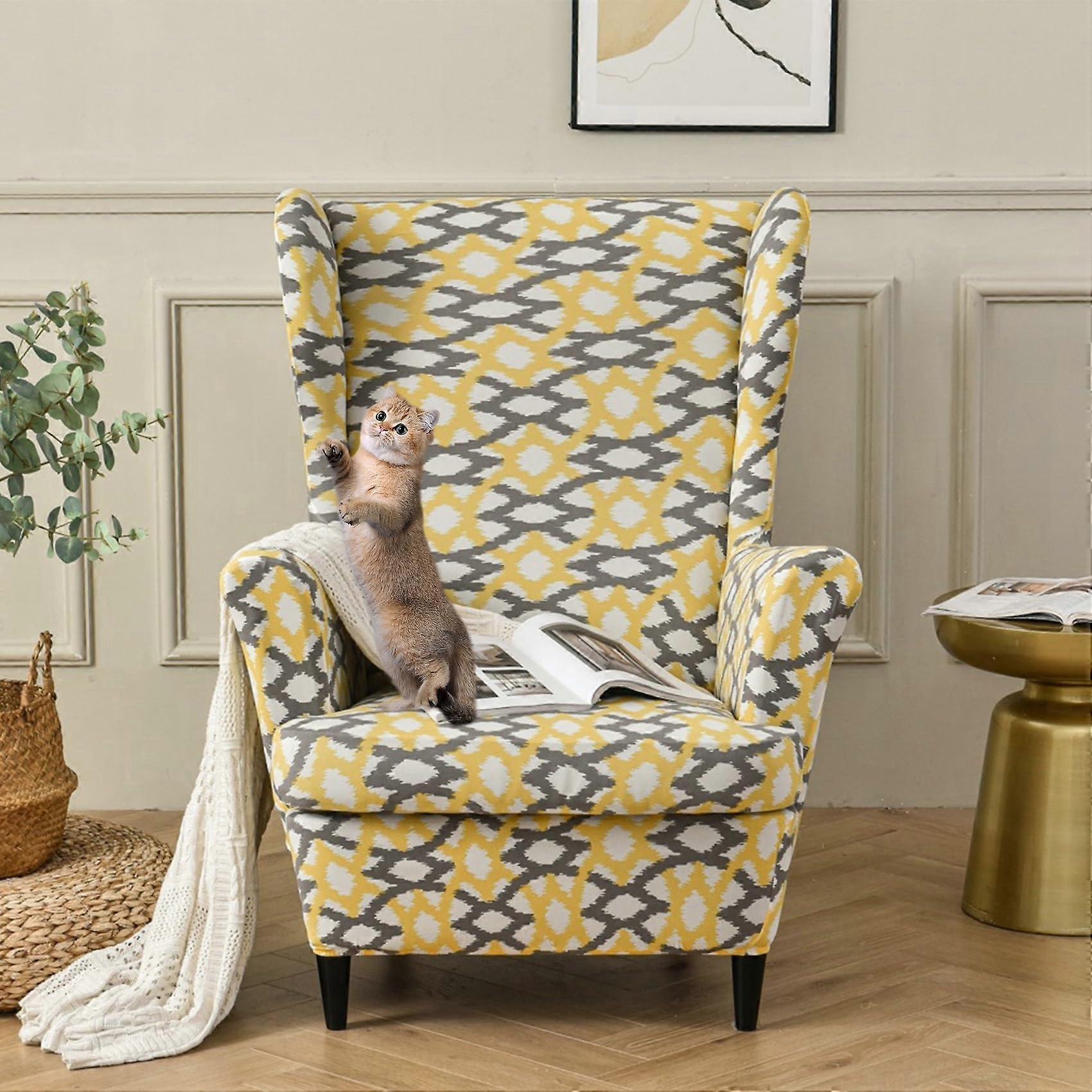 Wingback Chair Slipcover with Arms 2 Piece Stretch Printed Protector Elastic Secure Fit