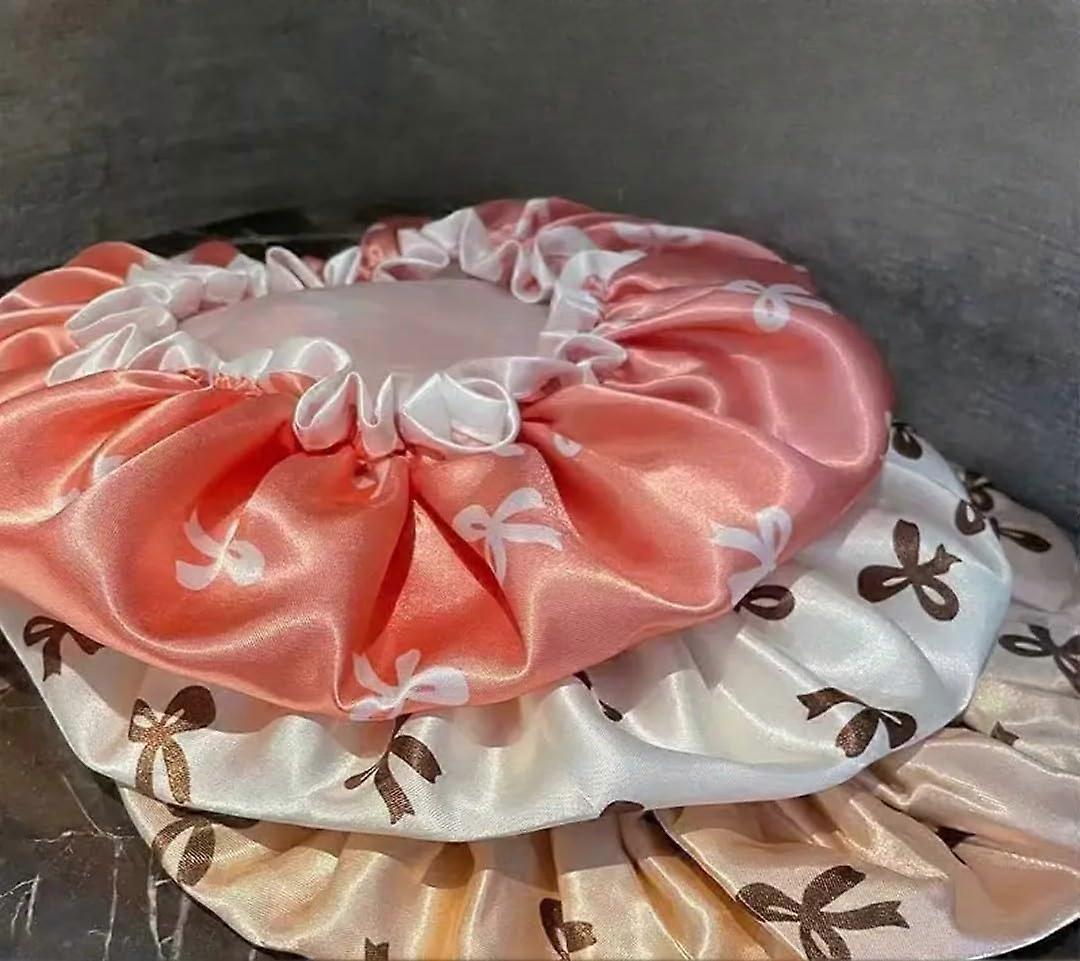 Waterproof Satin Shower Cap 3 Pack with Stylish Bow Pattern, Double Layer for Long Hair
