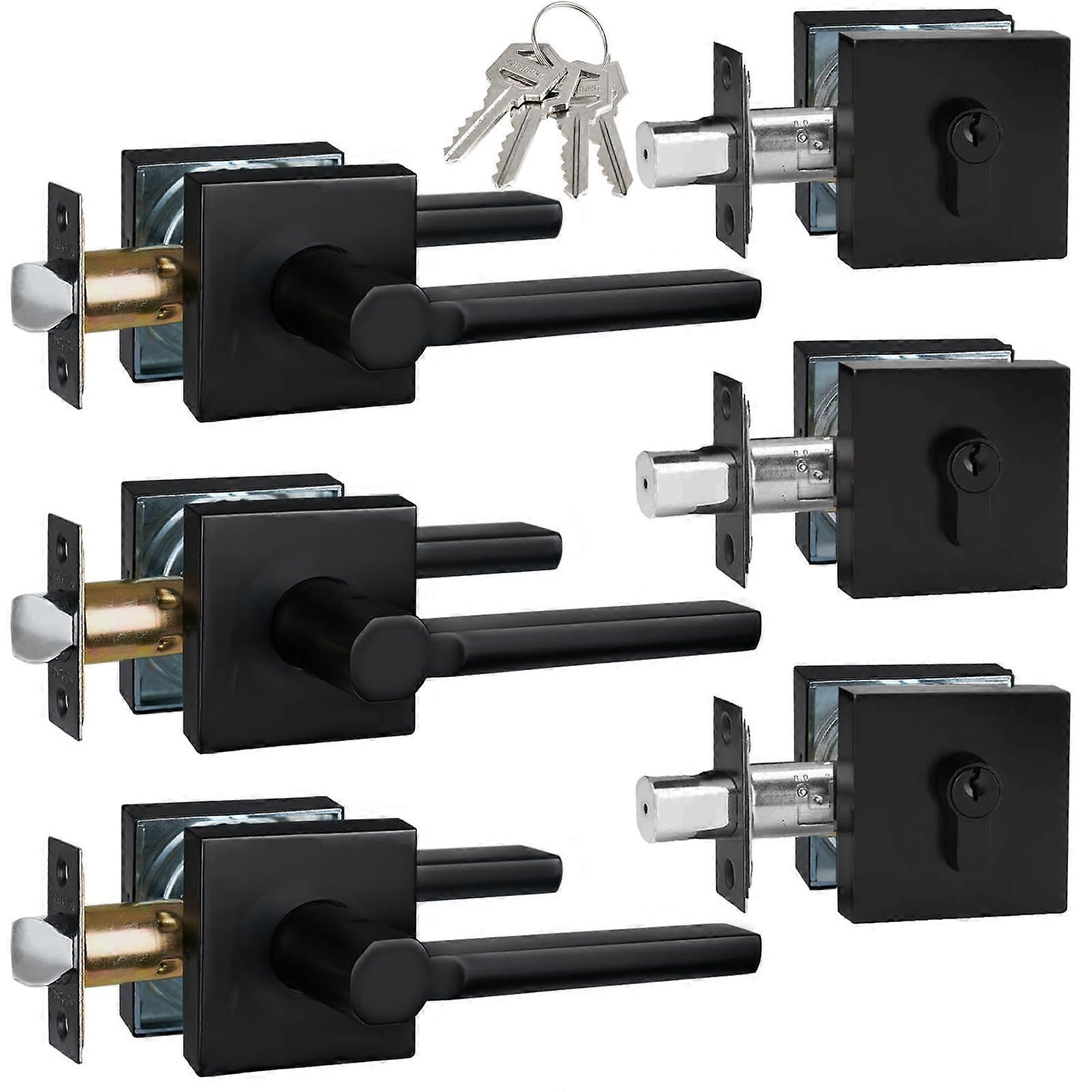 3 Pack Matte Black Front Door Lock Set with Single Cylinder Deadbolt, Keyed Alike Handles